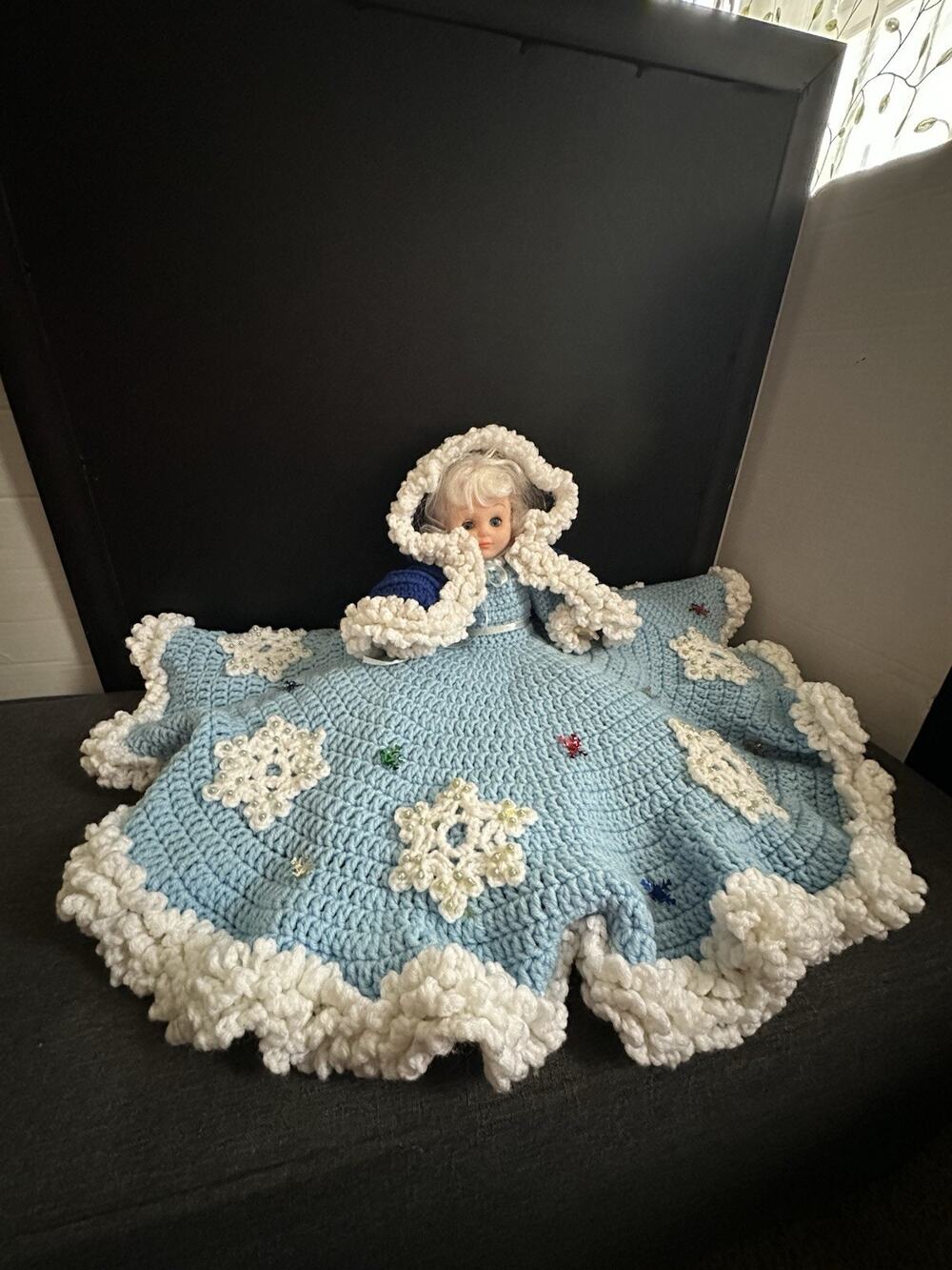 Vintage Crochet Bed Doll Blue White Layered Dress Hood Snowflake Handmade